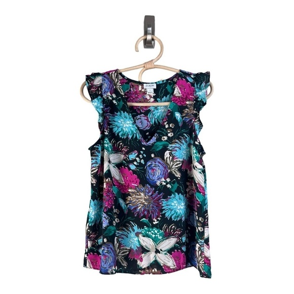 J.Crew Printed Black Turquoise Pink Floral Ruffle Sleeve Pullover Top NWOT - Picture 3 of 13
